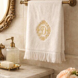 Vtg Cannon Monogrammed Hand Towel Off White Gold Glam Hollywood Regency USA